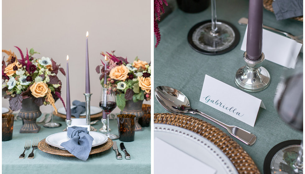 Details of the napkin, candlesticks, coasters and cutlery.