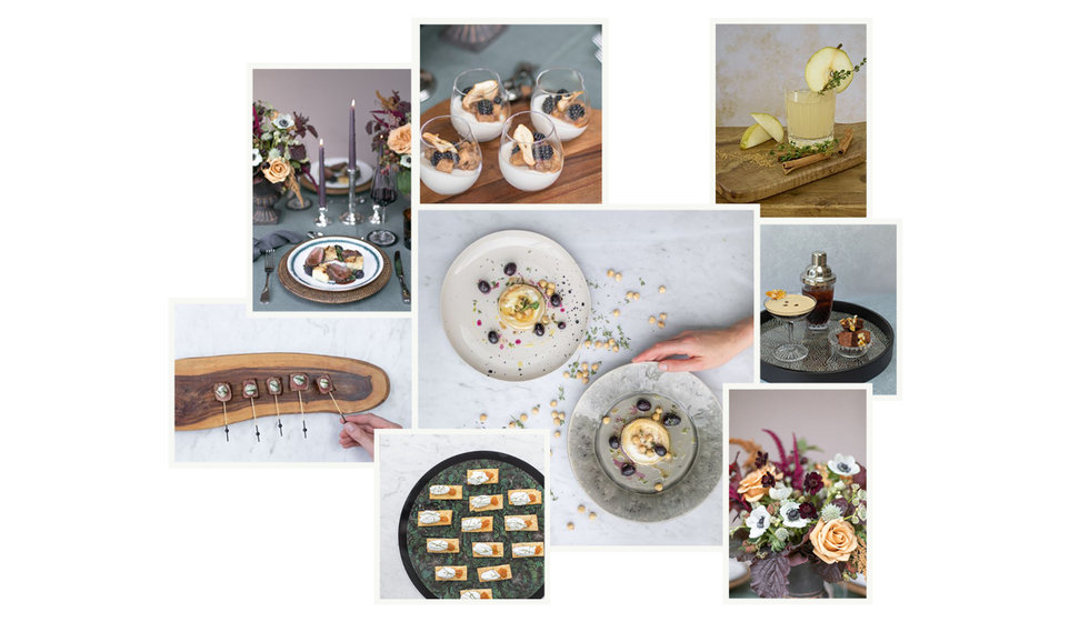 A collage of images of Autumnal Dinner Party Dishes.