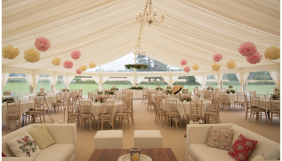 The inside of the beautifully decorated marquee at Ian and Lizzie's wedding.