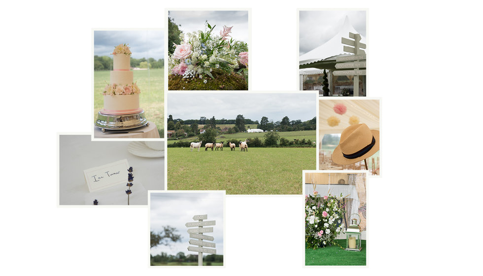 Collage of images showing the details of the marquee and decoration inside and outside.