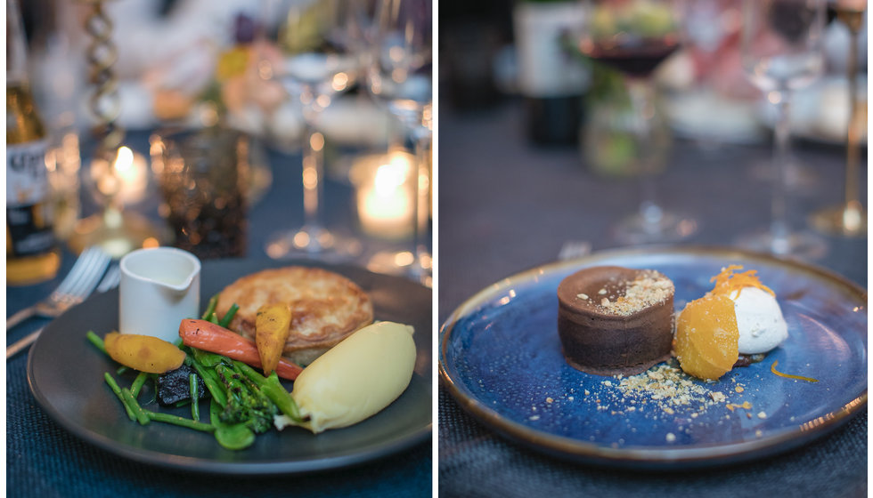 The pie and mash and chocolate fondant served at the wedding. 
