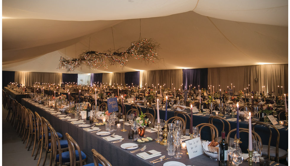 A beautifully decorated marquee for a large winter wedding.