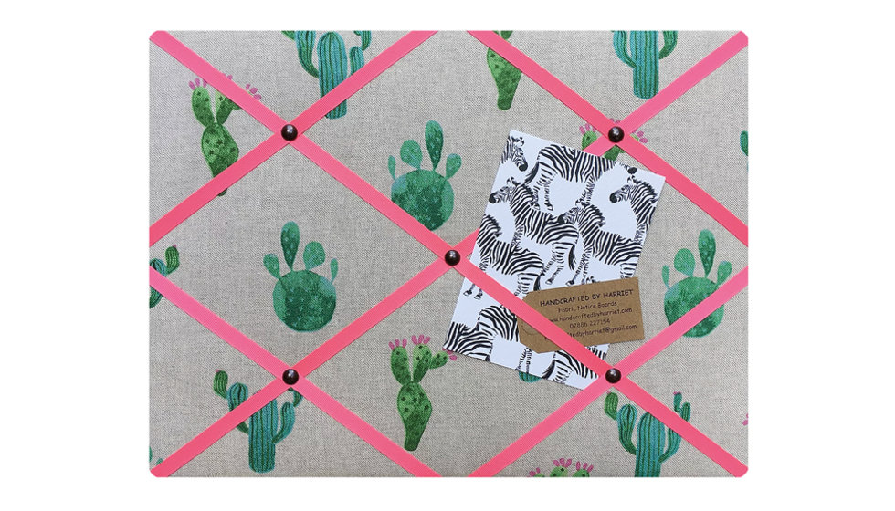 A notice board with cacti on it and pink ribbon.
