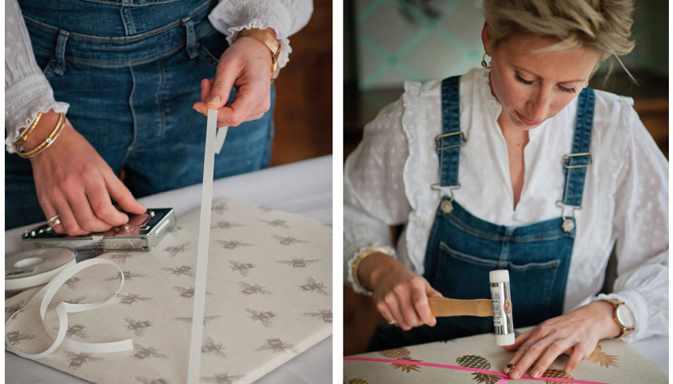 Two images of Harriet making a notice board. In one image she is stretching the ribbon in the other she is hammering the pins in.