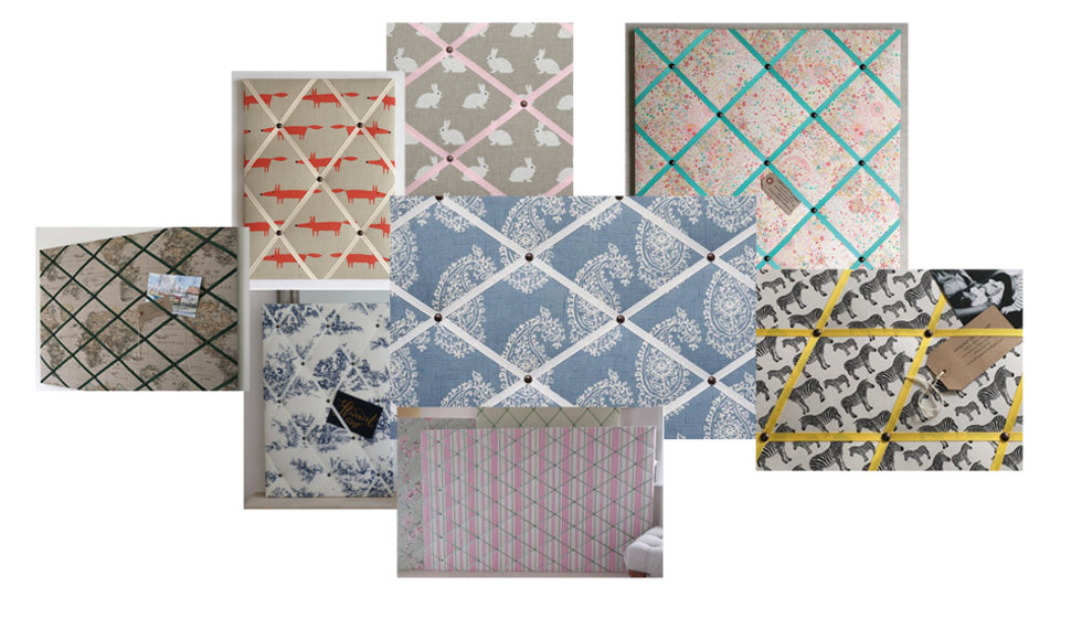 Collage of different fabric and ribbon varieties of notice boards.