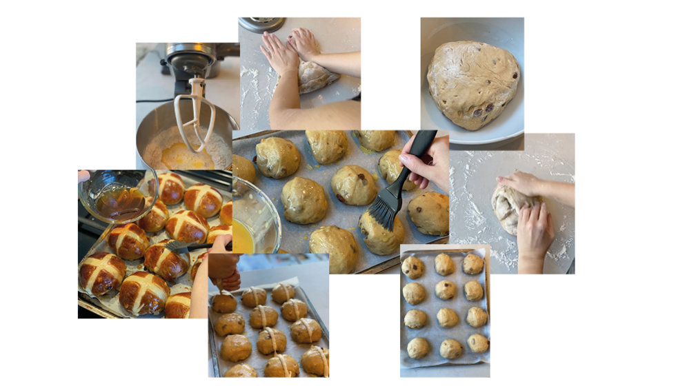 A moodboard of all the different stages of making hot cross buns.