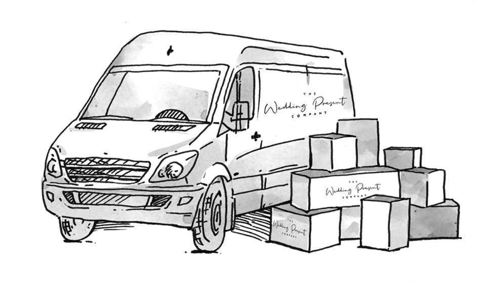 An illustration of The Wedding Present Company van with boxes next to it.