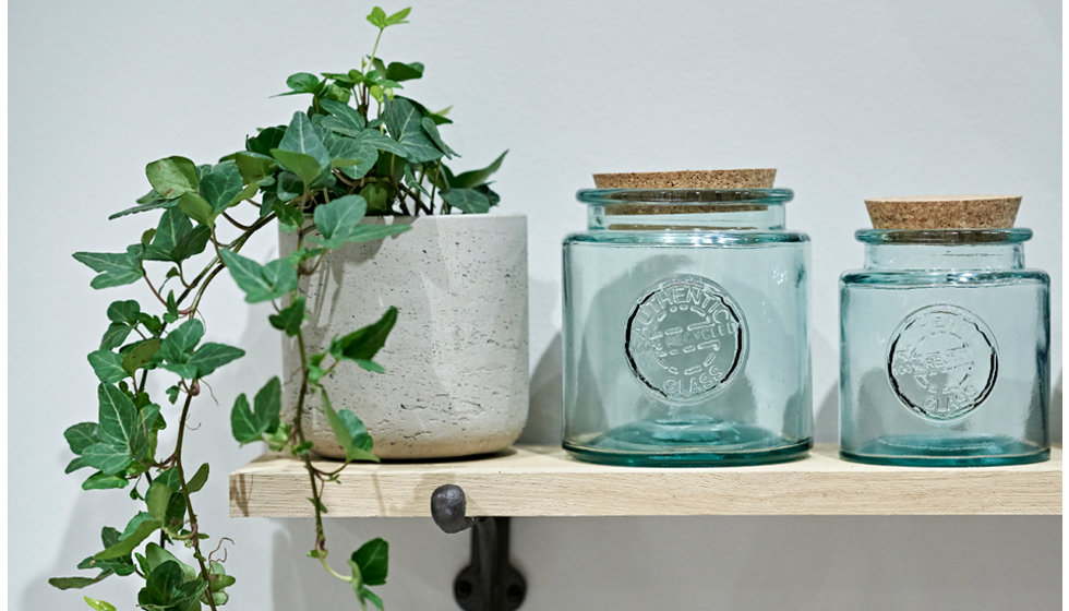 A shelf with a plant and some recycled glass jars.