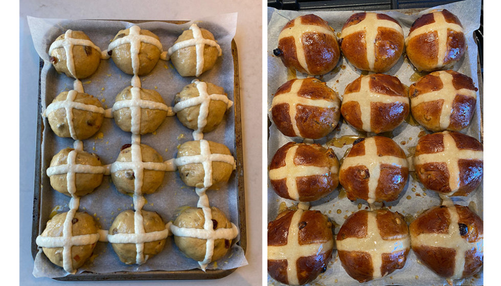An image of the hot cross buns before they went into the oven next to a picture of them fresh out the oven.