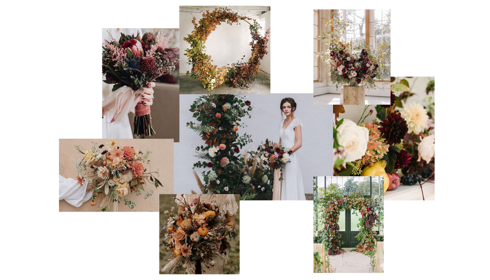 A moodboard of autumn flowers including bouqets, arches and table arrangements.