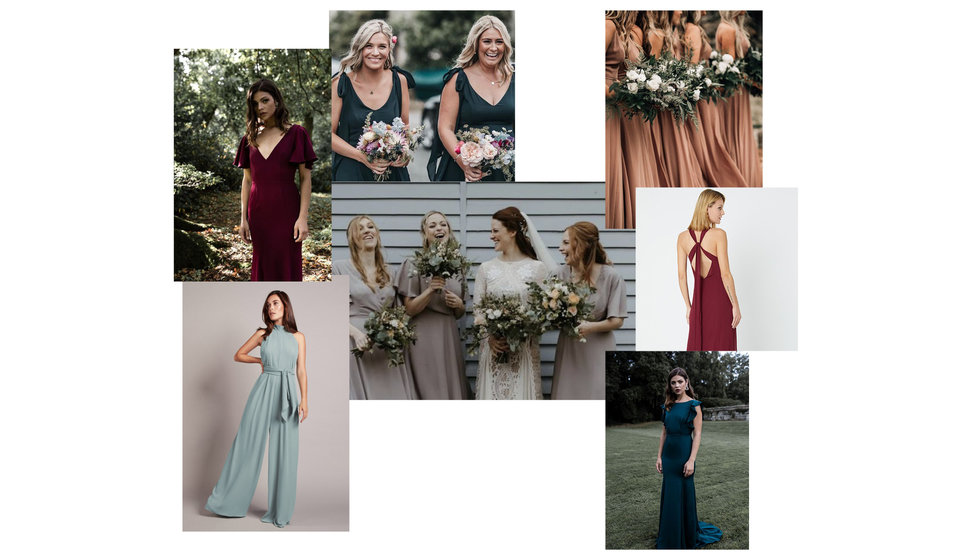 A moodboard of bridesmaids dresses.