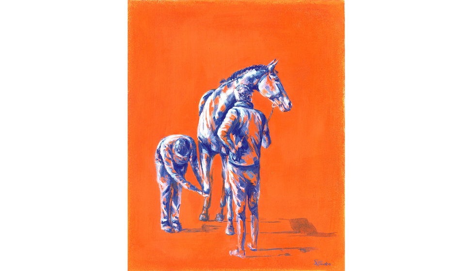 A painting of a man holding the reigns of a horse. The main colour is orange with blue oultines.
