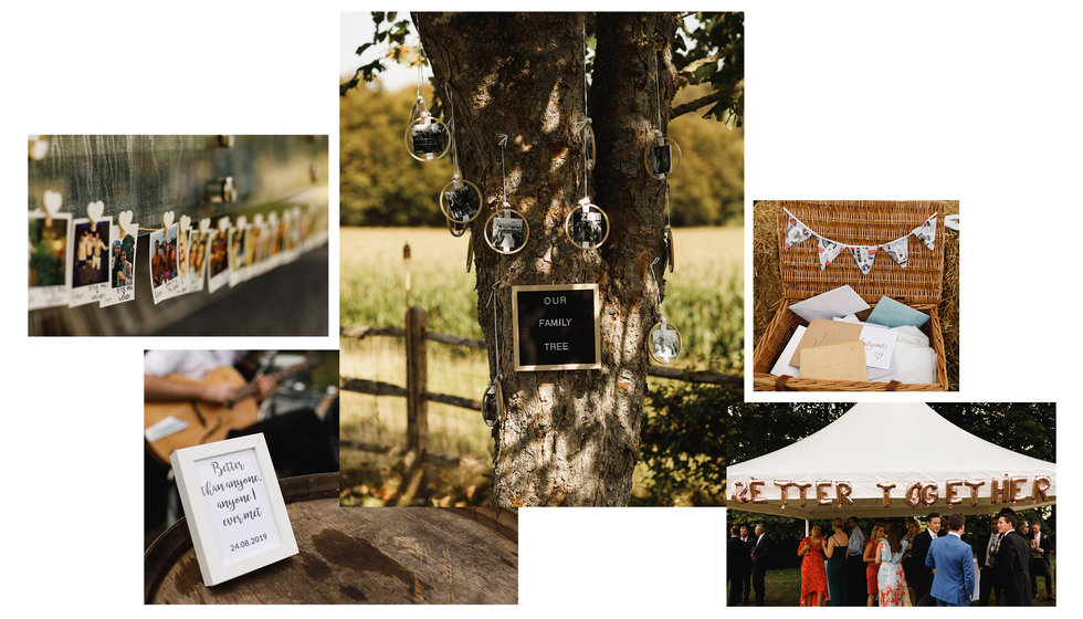 A lovely selection of personal touches at the wedding including a 'memory tree' and also a string of polaroid photos of each guest.