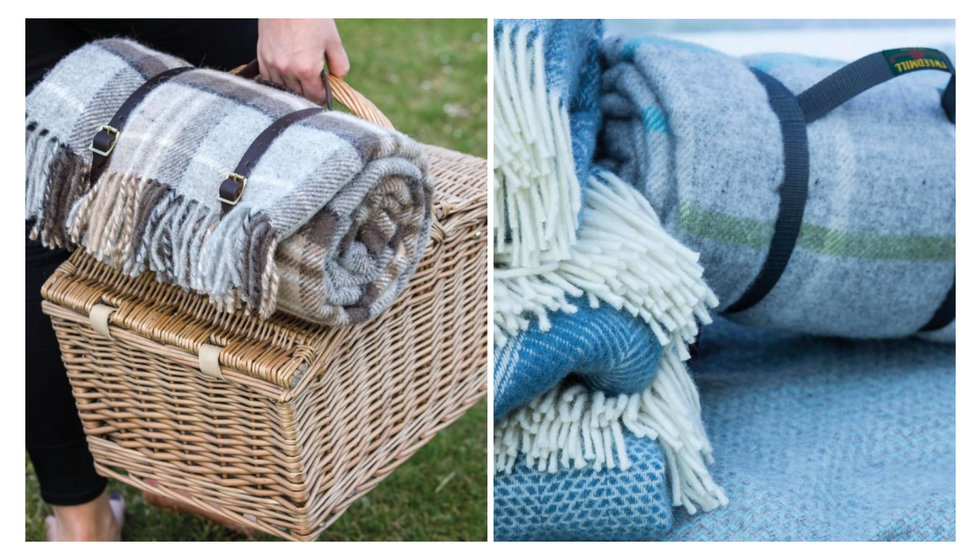 Two images of picnic blankets.