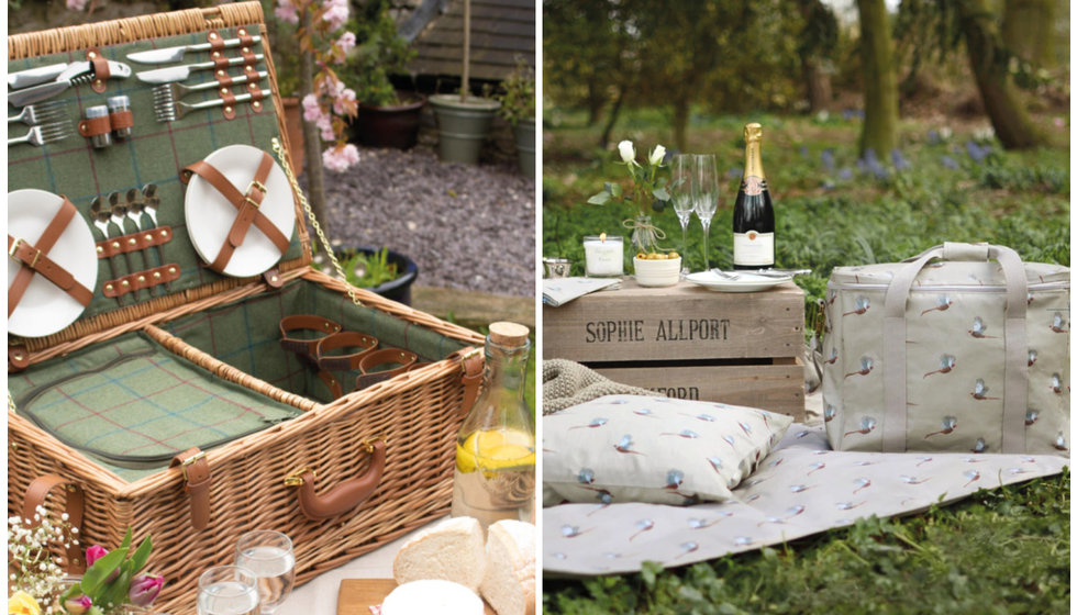 A traditional hamper next to an image of a picnic scene with a pheasant picnic blanket and cool bag.