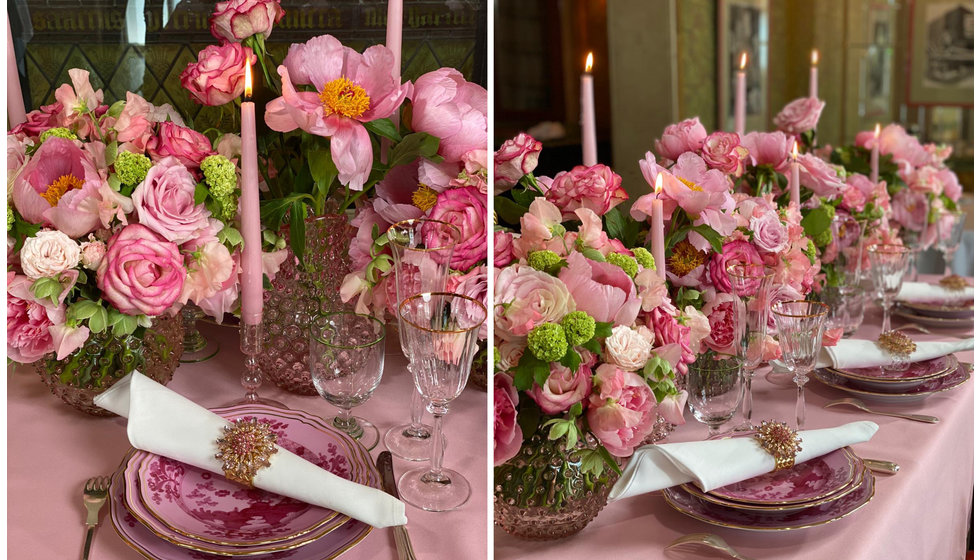 A table laid with pink hobnail KLIMCHI Jugs.