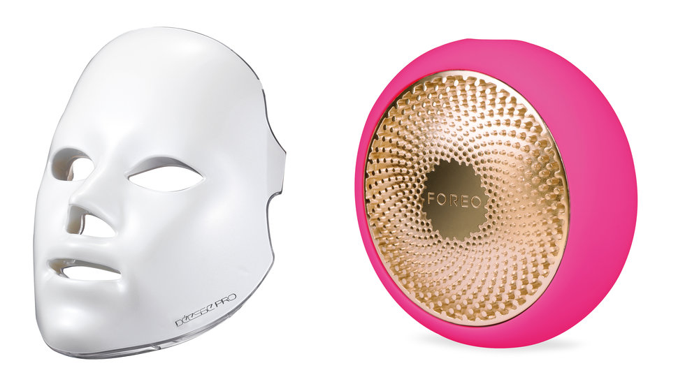 Two different types of LED light therapy tools for your face, one a mask and one a hand held device.