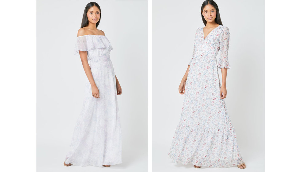 Two Bridesmaids dresses from Maids to Measure. One off-the-shoulder printed dress in pastel colours and one long sleeved maxi dress in a floral pattern. 