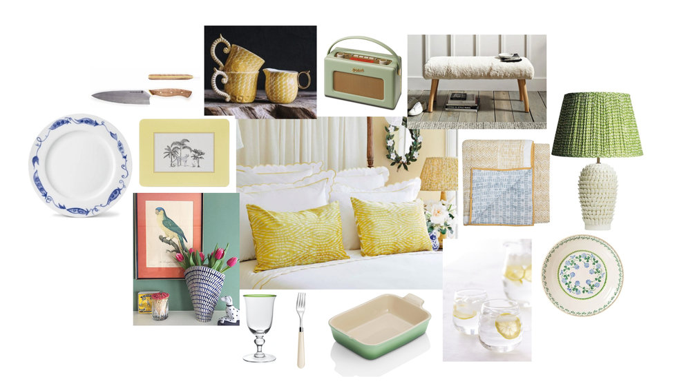 A mood board of spring interiors including lifestyle and cut out shots of china, placemats, cushions, vases, furniture, lamps and glassware all from The Wedding Present Company's online showroom.