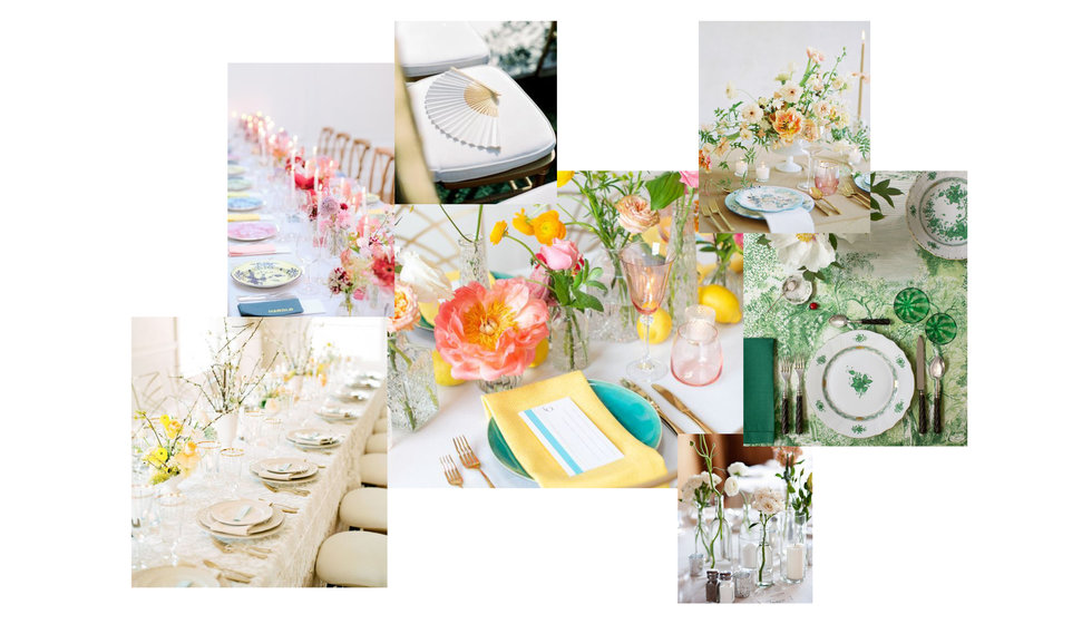 A mood board of Spring interiors. Made up of lots of colourful tableware and flowers. 