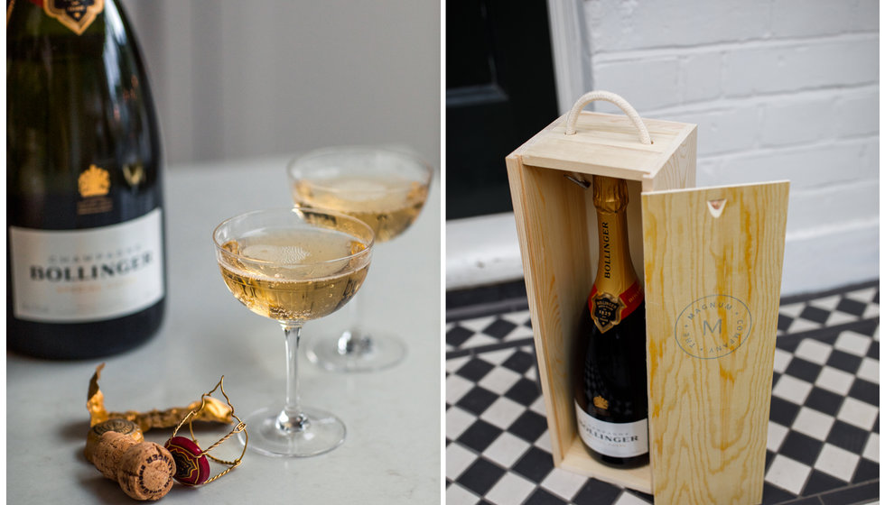 Two shots of a magnum of Bollinger dropped off on Georgie's door step and a close up of two champagne saucers by The Vintage list of Champagne.
