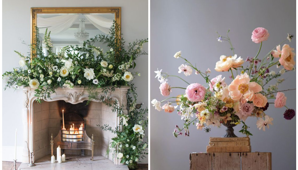 Two different floral arrangements. One floral fireplace arrangement, and one pink floral arrangement.