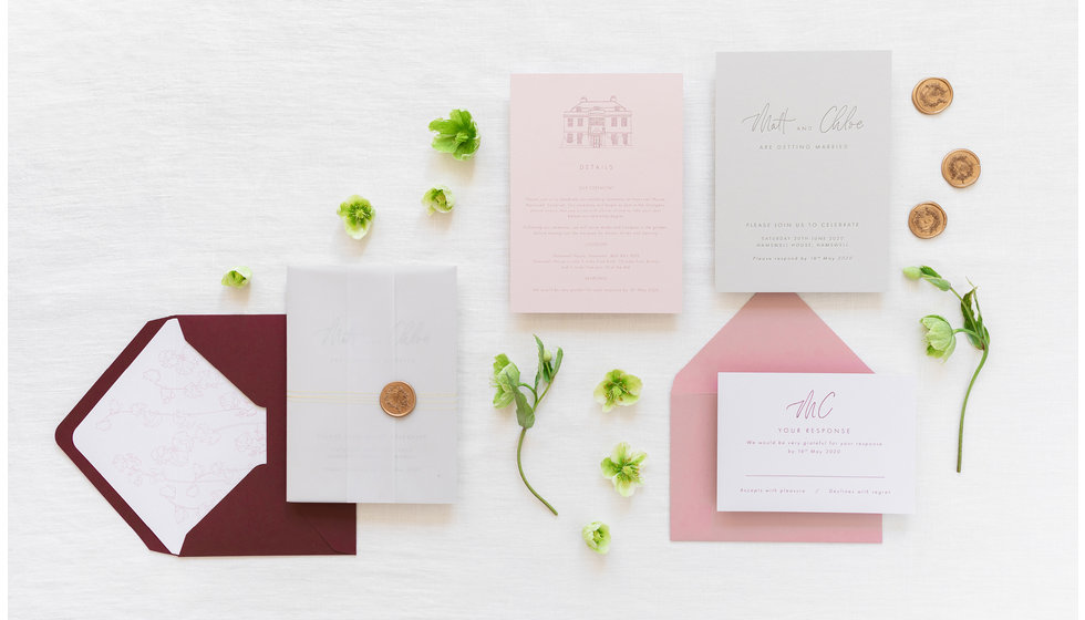 A flat lay of Spring Wedding Stationery designed by ERA calligraphy. 