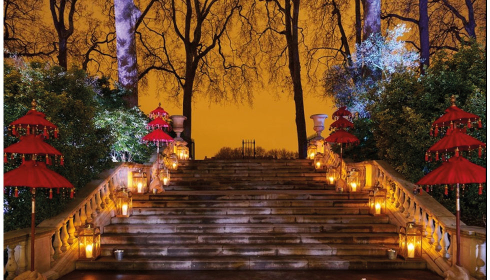 Steps lit up with candles and decorated with Chinese lantern.