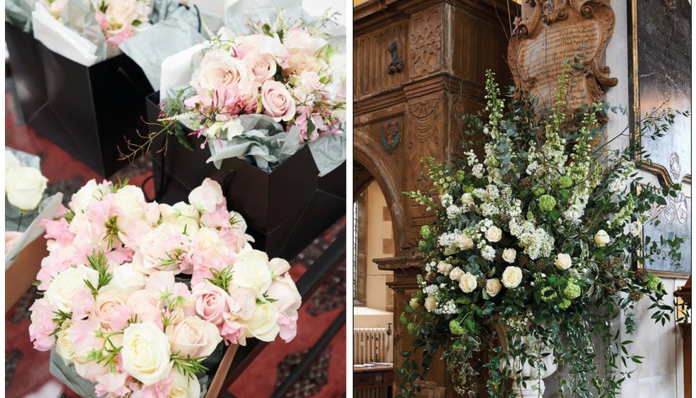 Large floral installations in the church made up of pale pink roses.