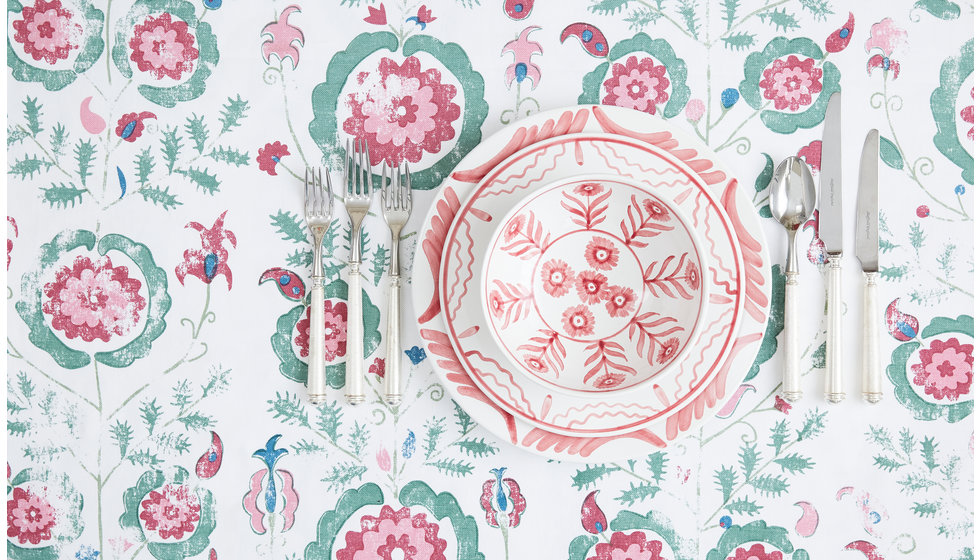 The pink and green Simla tablecloth.