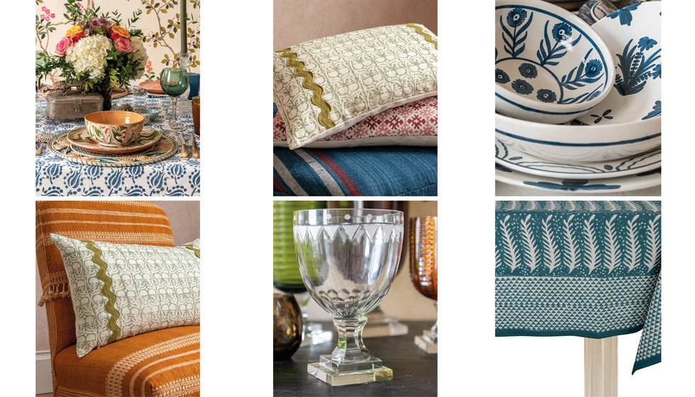 Six detail shots of Penny's colour homewares from printed tablecloths to cushions to china and glassware.