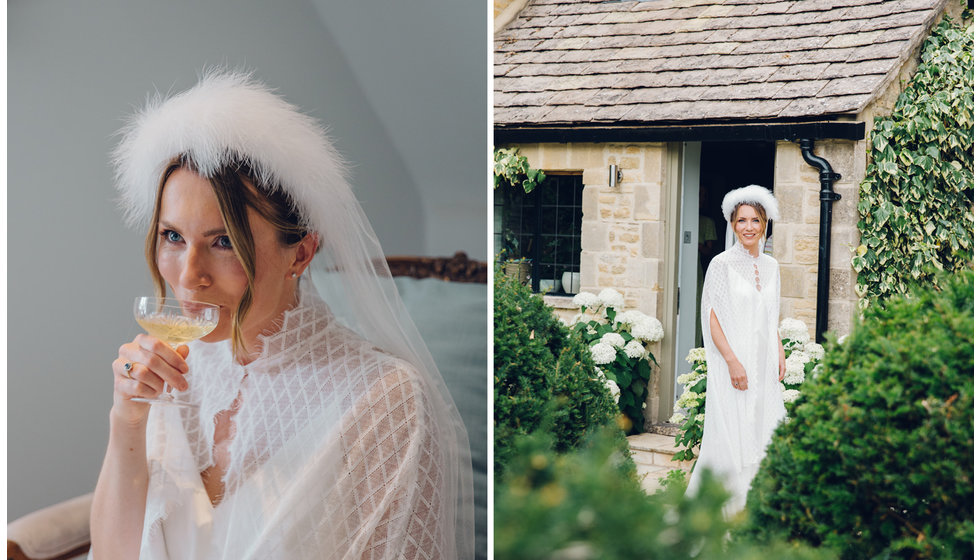 The bride wore a Andrea Hawkes dress with a cape on top with a bespoke feather headband to hold her veil.
