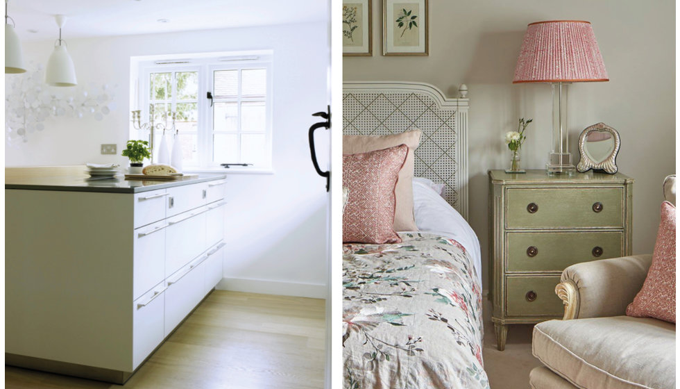 Two images from Georgie's favourite Interior Designers, one of a kitchen and one of a bedroom.