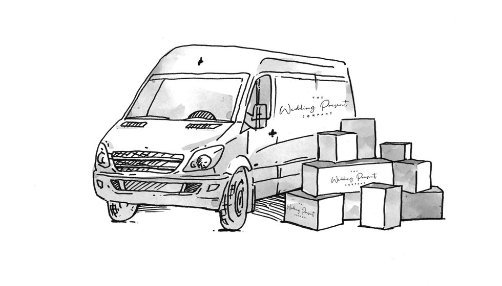 An illustration of a WPC van and some presents outside.