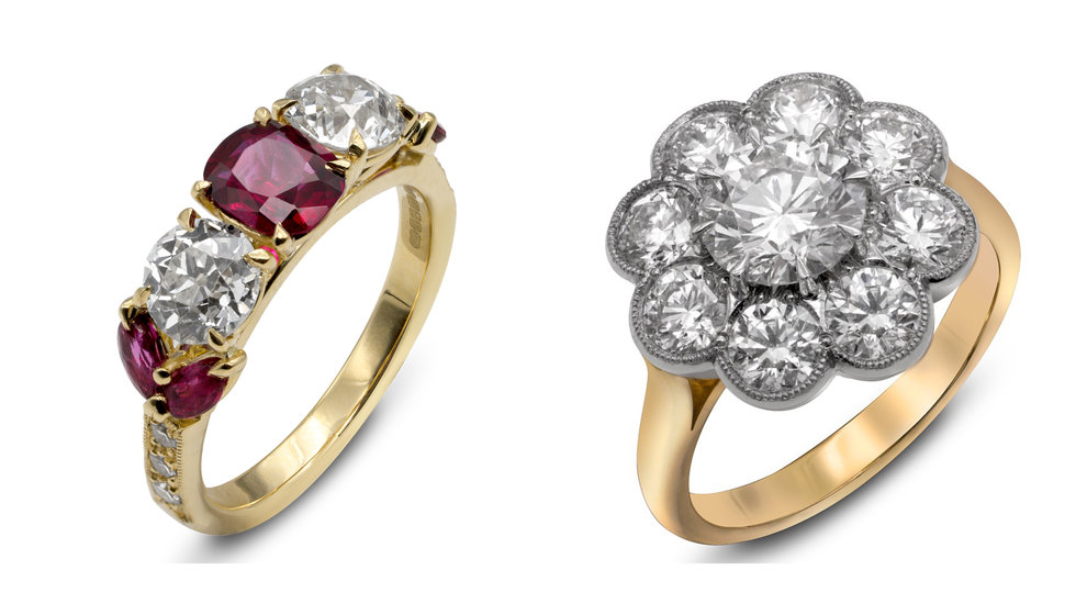2 different engagement rings. One with diamonds and rubies and one with diamonds in the shape of a flower.