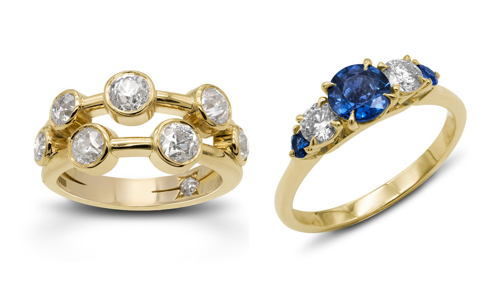 Two different engagement rings. One with diamonds with a gold band and one with sapphires and diamonds.