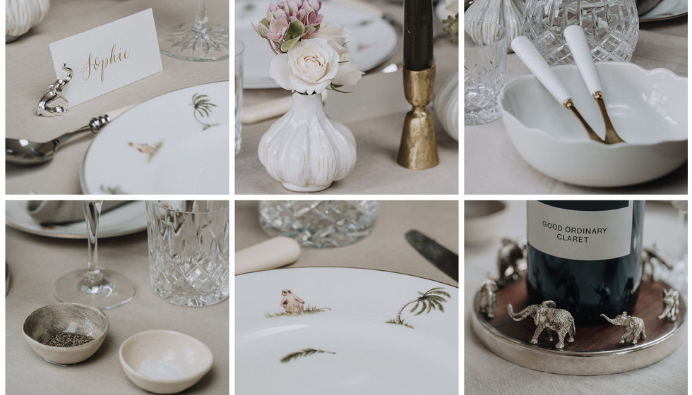 Six details shots from a formal tablescape look styled by Chenai from By Chenai Events using tableware from The Wedding Present Company.