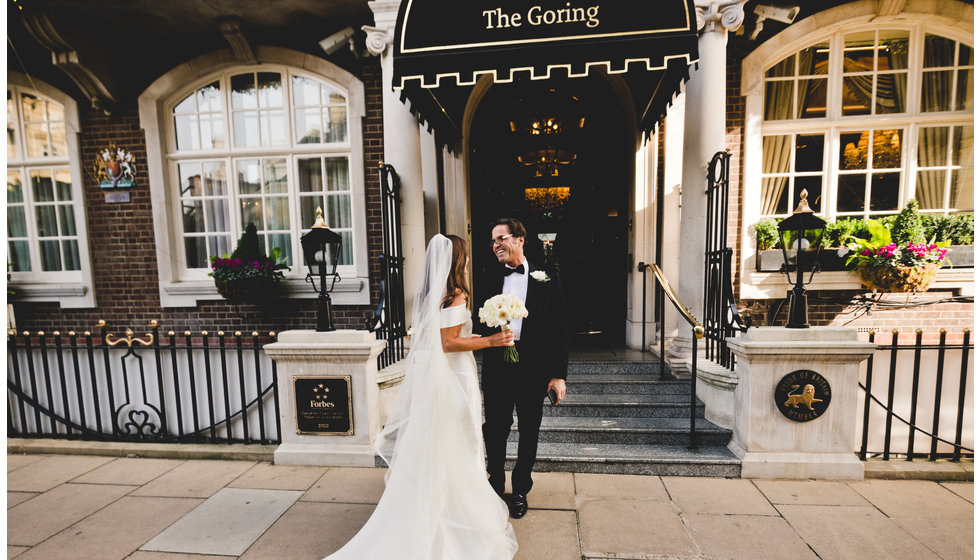 The bride and her father outside The Goring Hotel in London.