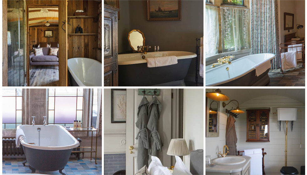 A selection of images of the bathrooms at The Pig Hotels. Lots with cast iron roll top baths, luxury towels and bath robes and antique mirrors. 