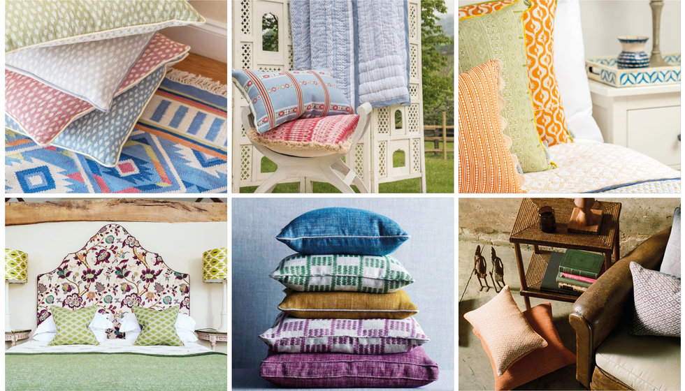 A collage of bold printed scatter cushions.