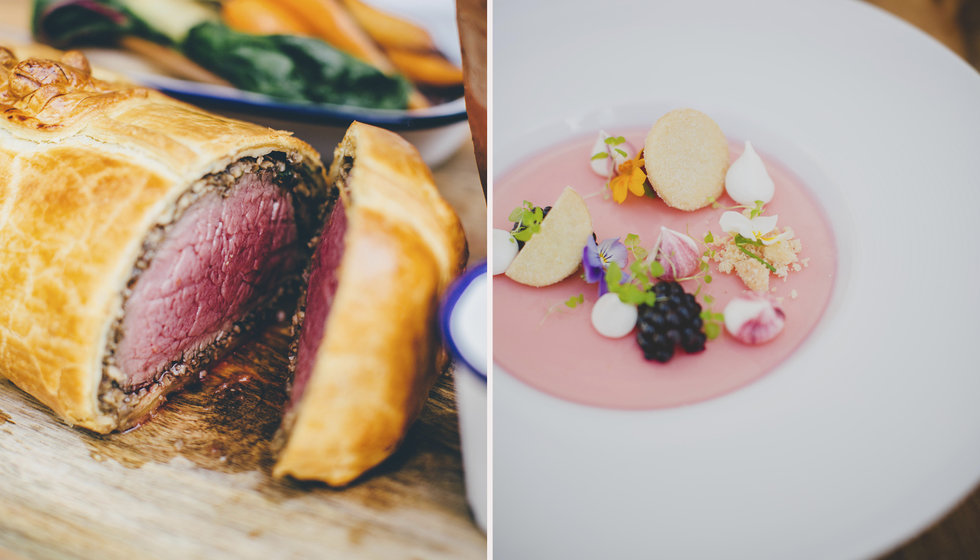 A perfectly rare beef wellington, next to a pretty looking summer pudding cooked by Two Many Cooks for wedding meals.