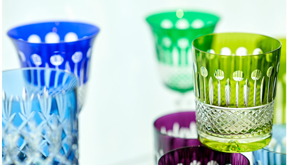 Coloured cut glass tumblers, highballs and wine glasses from Gurasu.