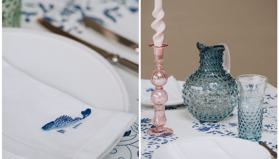 Details from this blue and pink tablecape.