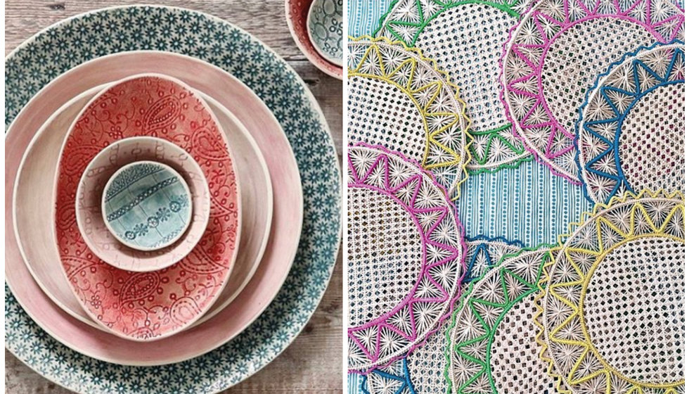 Two very patterned and detailed wedding presents. One of which is intricate pottery hand made in South Africa from the brand Wonki Ware. The second are woven colourful placemats from Wicklewood.
