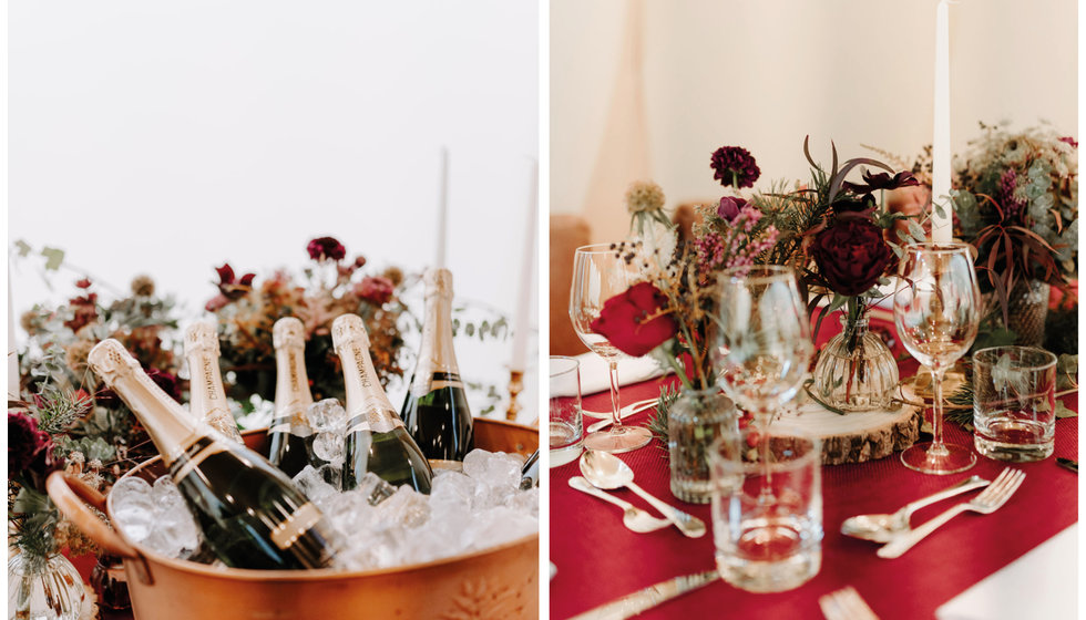 Champagne on ice and details of the table.