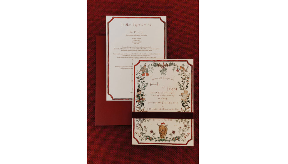 The Wedding Stationery was hand illustrated with highland cows and scottish flowers.