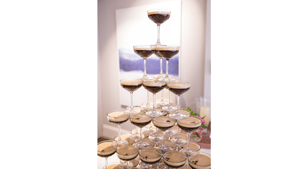 A drinks tower made up with espresso martinis. 