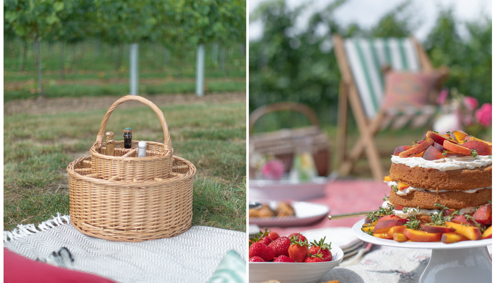 Details from an outdoor picnic with a hamper with champagne glasses and picnic food cooked including a victoria sponge cake and strawberries.