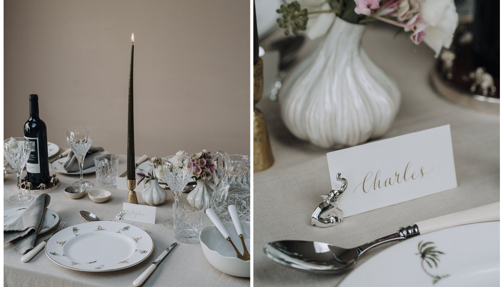 Details from a formal tablescape styled by Chenai Bukutu and The Wedding Present Company.