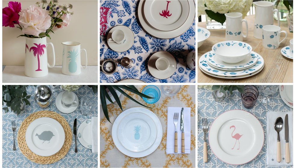 A grid of six images all showing Alice Peto's colour dinnerware on printed colourful tablecloths.